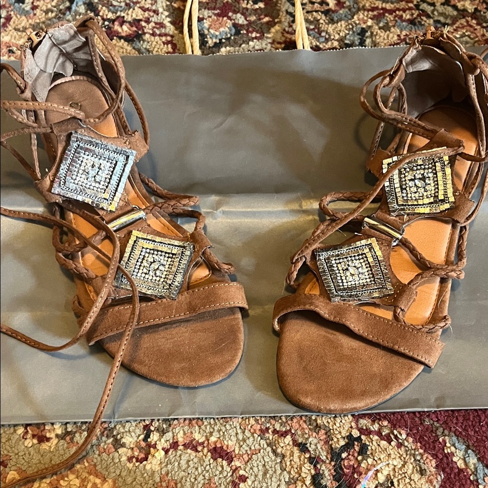 Cupid Brown Suede Lace-Up Gladiator Sandals with Jeweled Accents